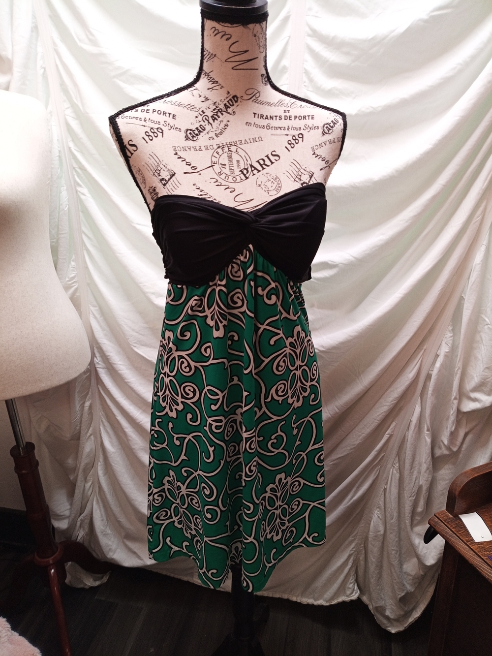 INC International Concepts Strapless Black & Green Patterned Sundress